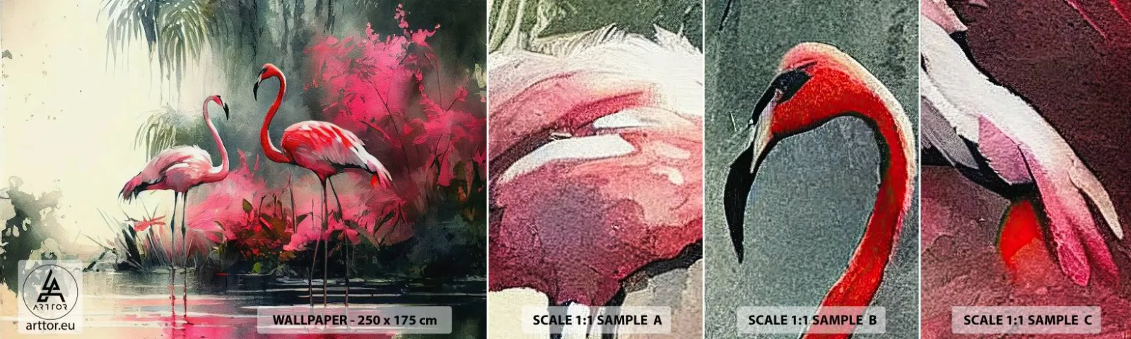 Mostră de Tapet Standard Eco - O lecție de farmec natural - Flamingos, Bucată, Peisaj - 100x30 cm