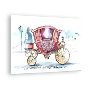 Tablou pe sticlă - trăsură elegantă în stil acuarelă pe un fundal stradal - 70x50cm - Pentru nuntă sau pentru bal? - Decorațiune modernă pentru perete pentru living și dormitor ARTTOR