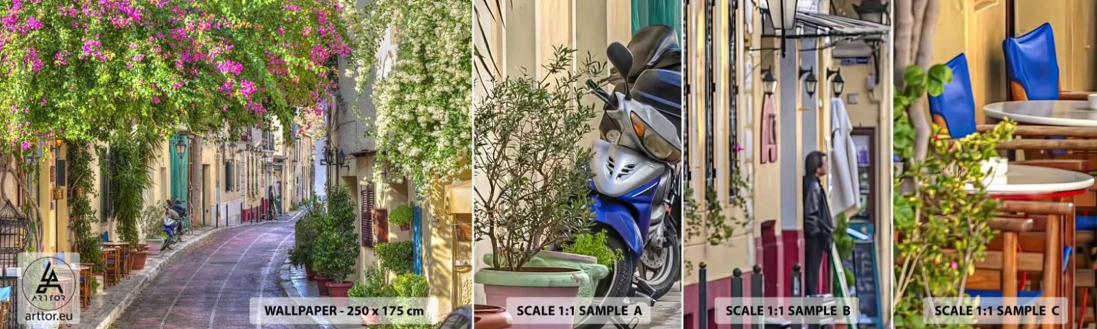 Mostră de Tapet Standard Eco - Alee înfloritoare - Arhitectură, Grecia, Oraș - 100x30 cm