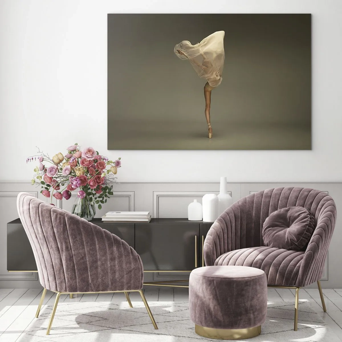 Tablou pe sticlă - O dansatoare într-o poză delicată cu vălul ridicat - 70x50cm - Pe cale să zboare - Decorațiune modernă pentru perete pentru living și dormitor ARTTOR