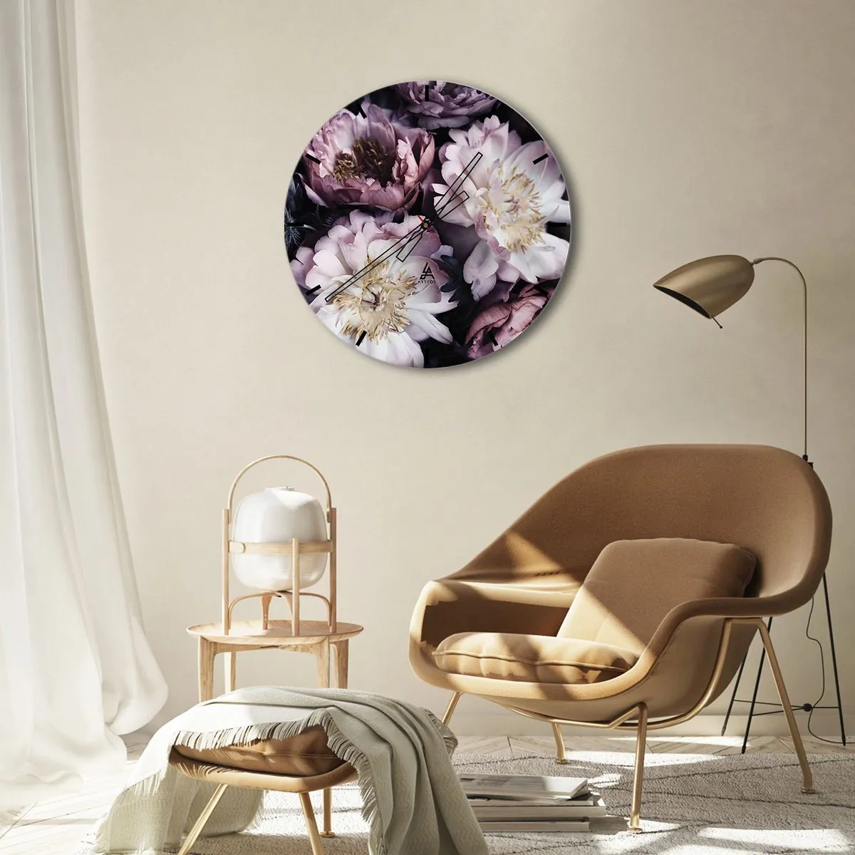 Ceas de perete - Ceas pe sticlă - Bujori roz și crem într-un aranjament dens și umbrit - 30x30cm - Buchet în stil vechi - Decorațiune modernă pentru perete pentru living, bucătărie și dormitor ARTTOR