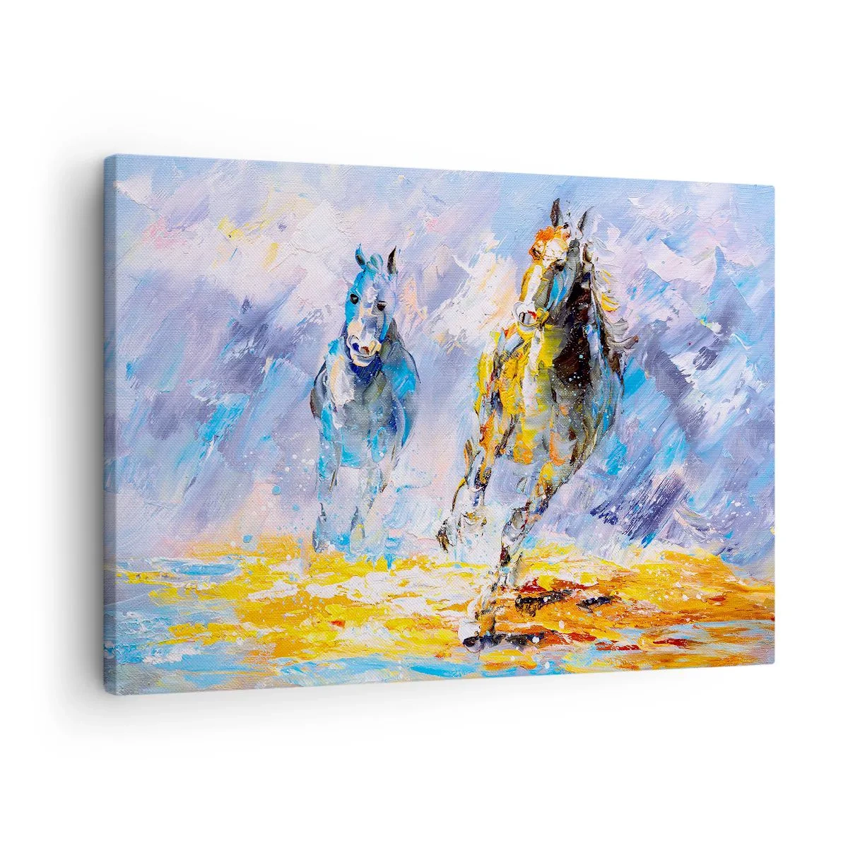 Tablou pe pânză Canvas - Doi cai în mișcare pe fundalul unui peisaj abstract - 70x50cm - Galopând prin strălucire - Decorațiune modernă pentru perete pentru living și dormitor ARTTOR