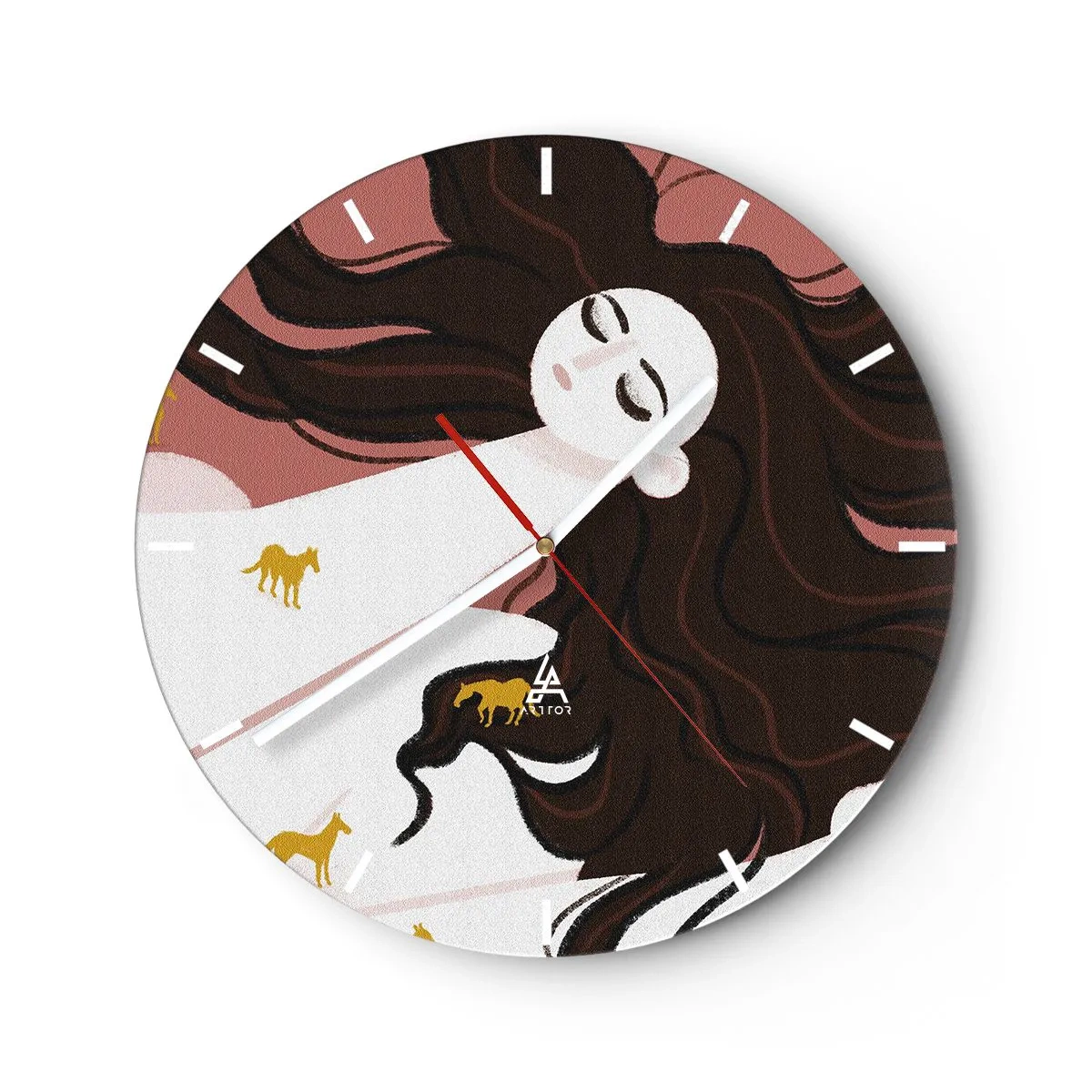 Ceas de perete - Ceas pe sticlă - Femeie visătoare cu părul lung și cai aurii în stil ilustrativ - 30x30cm - Visul despre calul de aur - Decorațiune modernă pentru perete pentru living, bucătărie și dormitor ARTTOR