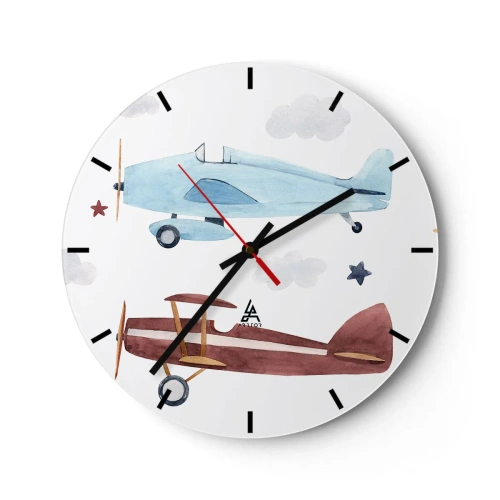 Ceas de perete - Ceas pe sticlă - Ilustrație a două avioane în stil retro pe un fundal înnorat - 30x30cm - Domnule Pilot, vă așteptăm! - Decorațiune modernă pentru perete pentru living, bucătărie și dormitor ARTTOR