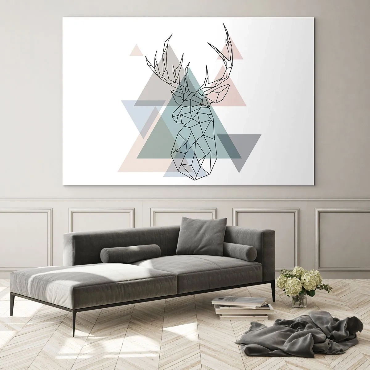 Tablou pe sticlă - Desen geometric al unui cerb pe un fundal de triunghiuri pastelate - 70x50cm - Într-o pădure geometrică - Decorațiune modernă pentru perete pentru living și dormitor ARTTOR