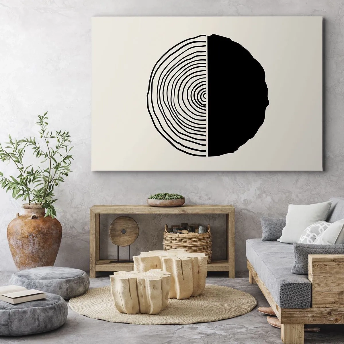Tablou pe pânză Canvas - Un motiv abstract alb-negru inspirat de o secțiune transversală de lemn cu o diviziune geometrică. - 70x50cm - Jumi-juma - Decorațiune modernă pentru perete pentru living și dormitor ARTTOR