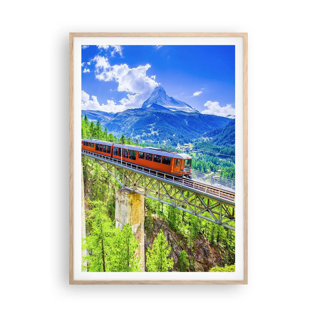 Poster în ramă de stejar deschis - Calea ferată din Alpi - 70x100 cm