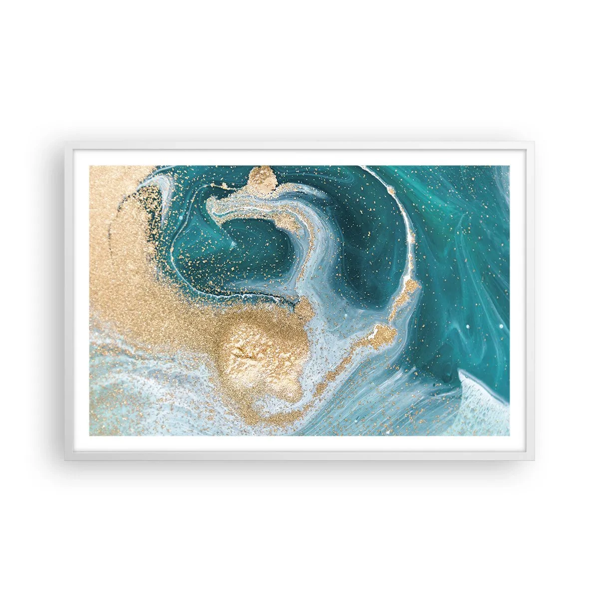 Poster în ramă albă - Vârtej de aur și turcoaz - 91x61 cm