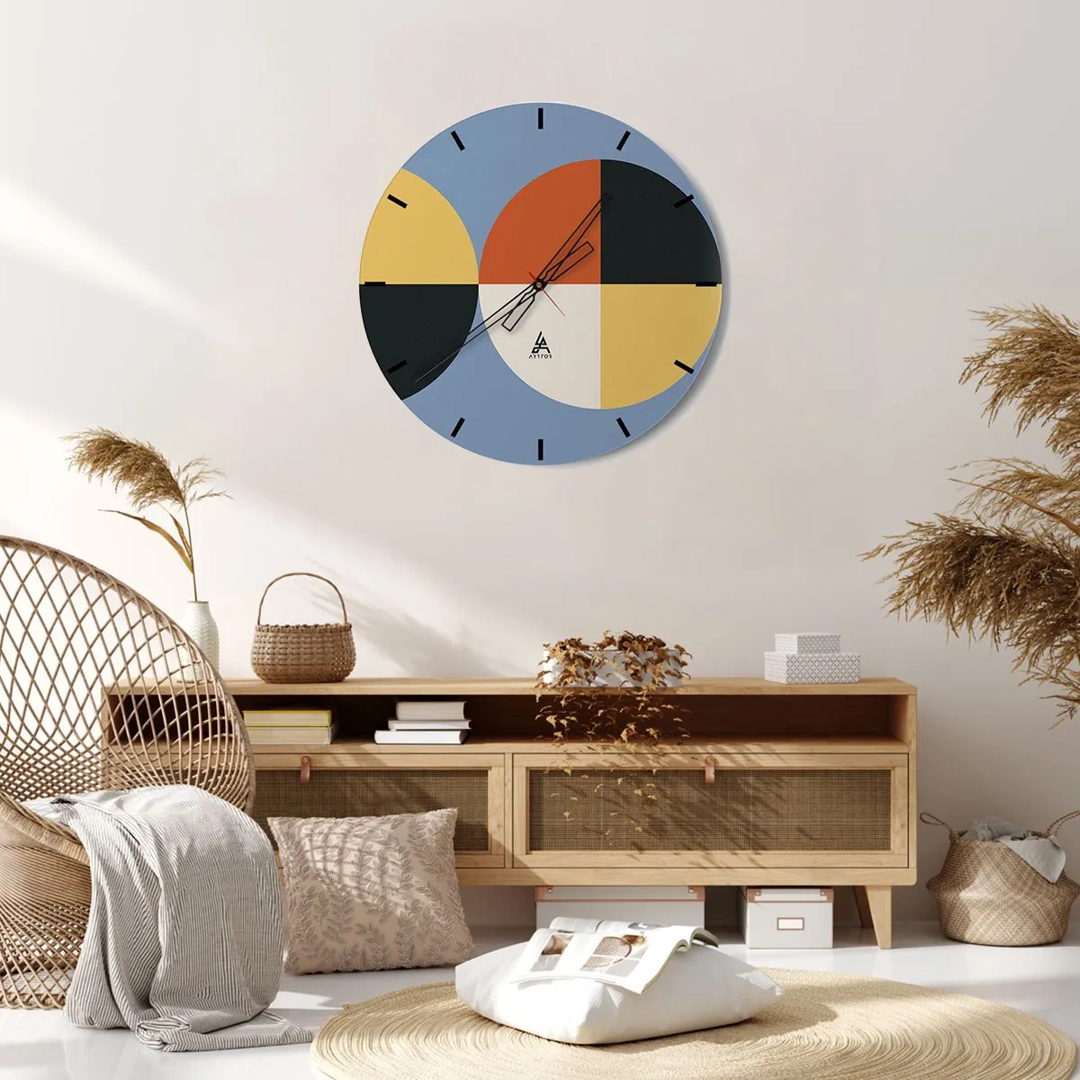 Ceas de perete - Ceas pe sticlă - Compoziție geometrică cu semicercuri și pătrate colorate - 30x30cm - Uită-te și numără - Decorațiune modernă pentru perete pentru living, bucătărie și dormitor ARTTOR
