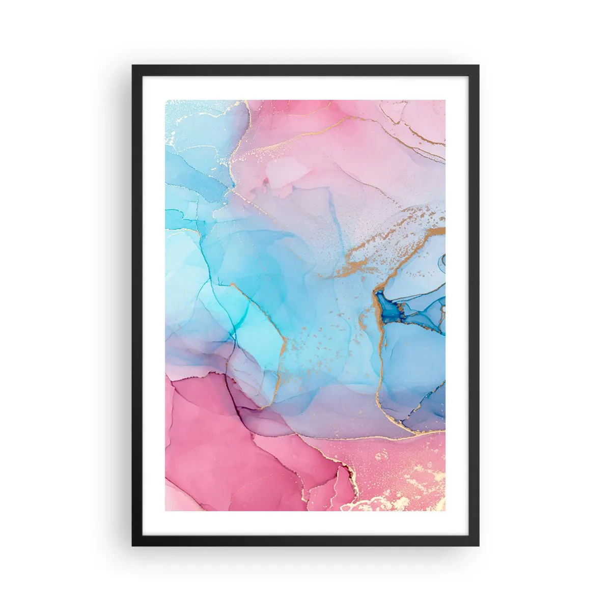 Poster în ramă neagră - Pete abstracte în nuanțe de roz, albastru și auriu - 50x70cm - Întâlnire și întrepătrundere - Decorațiune modernă pentru perete pentru living și dormitor ARTTOR
