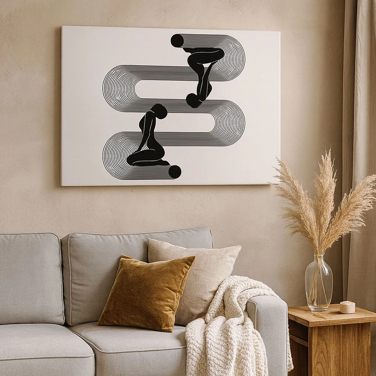 Tablou pe pânză Canvas - Siluete negre cu linii geometrice pe un fundal deschis - 70x50cm - Simetrie senzuală - Decorațiune modernă pentru perete pentru living și dormitor ARTTOR