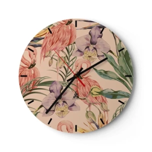Ceas de perete - Ceas pe sticlă - Flamingo și flori pe un fundal bej - 30x30cm - Balet floral roz - Decorațiune modernă pentru perete pentru living, bucătărie și dormitor ARTTOR