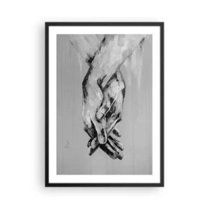 Poster în ramă neagră - O imagine monocromă a mâinilor împreunate pe un fundal gri. - 50x70cm - Începutul... - Decorațiune modernă pentru perete pentru living și dormitor ARTTOR