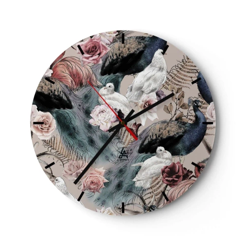 Ceas de perete - Ceas pe sticlă - Păun și păsări albe printre flori pe un fundal bej - 30x30cm - În grădina palatului - Decorațiune modernă pentru perete pentru living, bucătărie și dormitor ARTTOR
