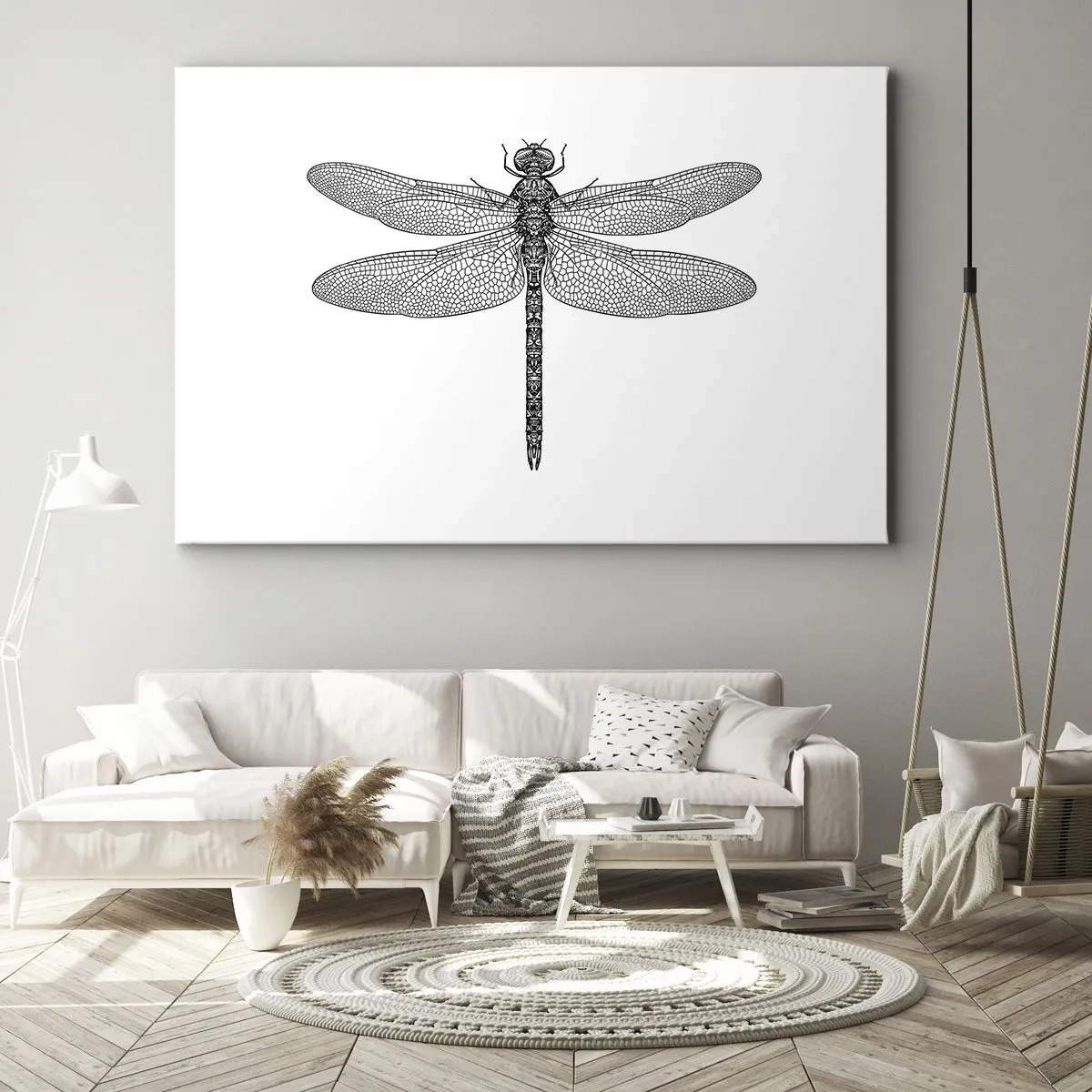 Tablou pe pânză Canvas - Desen alb-negru al unei libelule pe fundal alb, într-un stil minimalist - 70x50cm - Precizia naturii - Decorațiune modernă pentru perete pentru living și dormitor ARTTOR