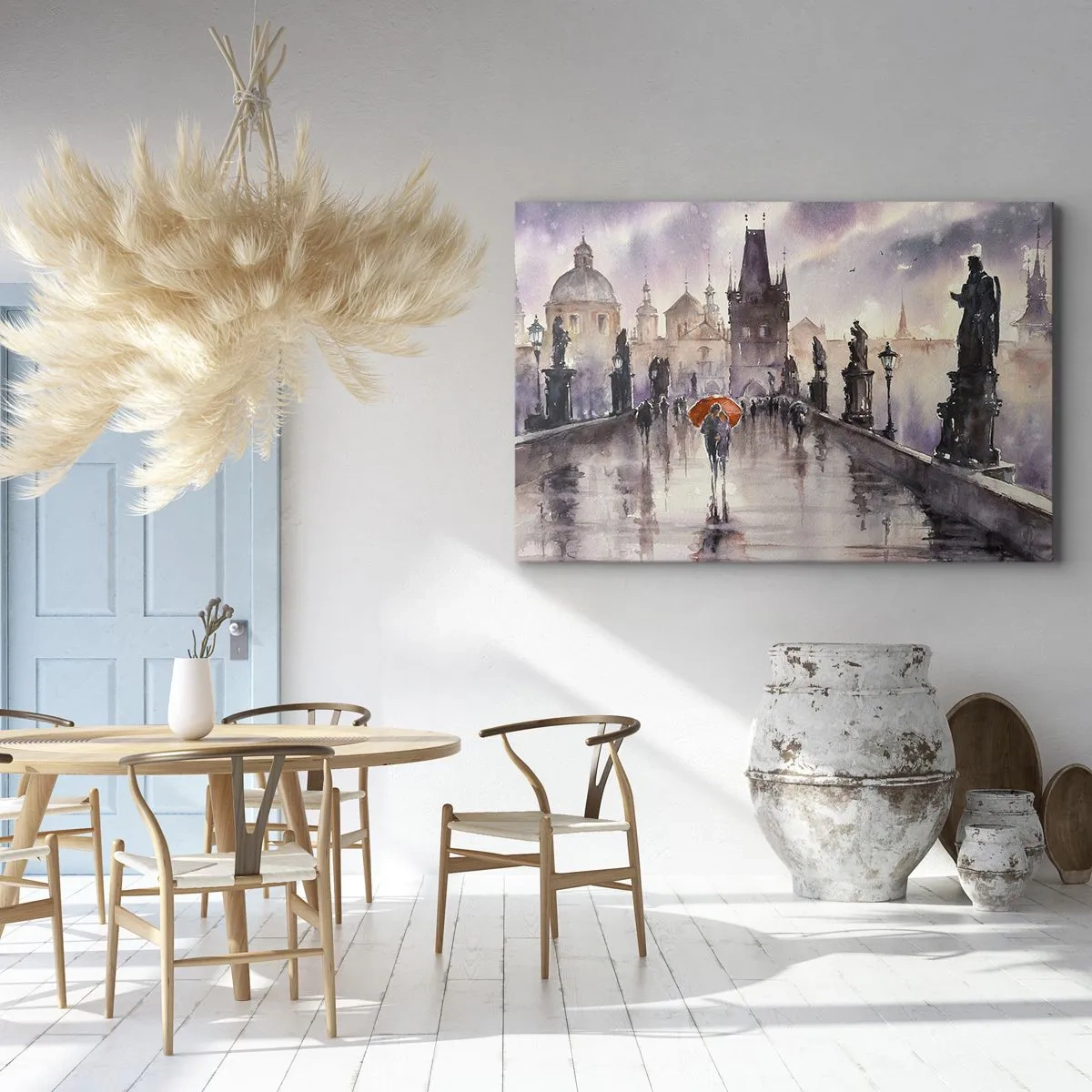 Tablou pe pânză Canvas - Vedere romantică a unui pod cu o umbrelă pe fundalul unui oraș de seară - 70x50cm - Oamenii nu se schimbă - Decorațiune modernă pentru perete pentru living și dormitor ARTTOR