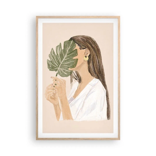 Poster în ramă de stejar deschis - Portret misterios cu un evantai - 61x91 cm