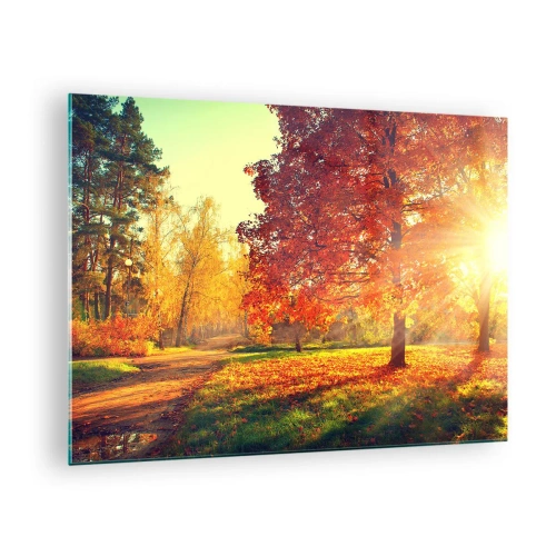 Tablou pe sticlă - Alee de toamnă cu raze de soare - 70x50cm - Roșcatul este frumos - Decorațiune modernă pentru perete pentru living și dormitor ARTTOR