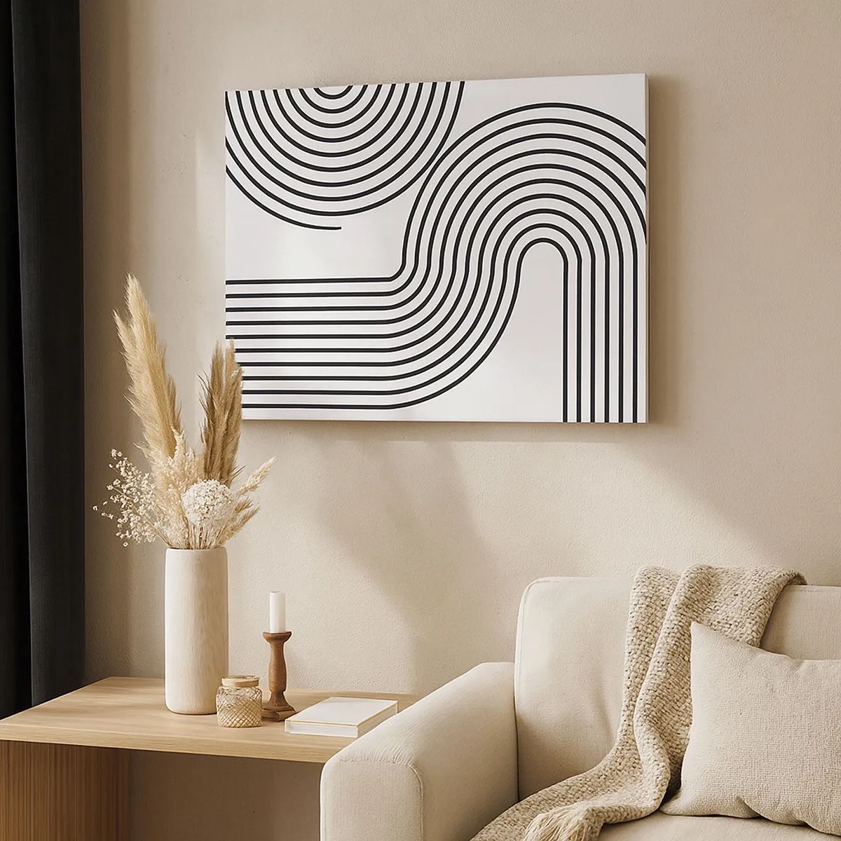 Tablou pe pânză Canvas - O pictură abstractă cu linii negre care creează modele geometrice pe un fundal alb. - 70x50cm - Pe o curbă - Decorațiune modernă pentru perete pentru living și dormitor ARTTOR