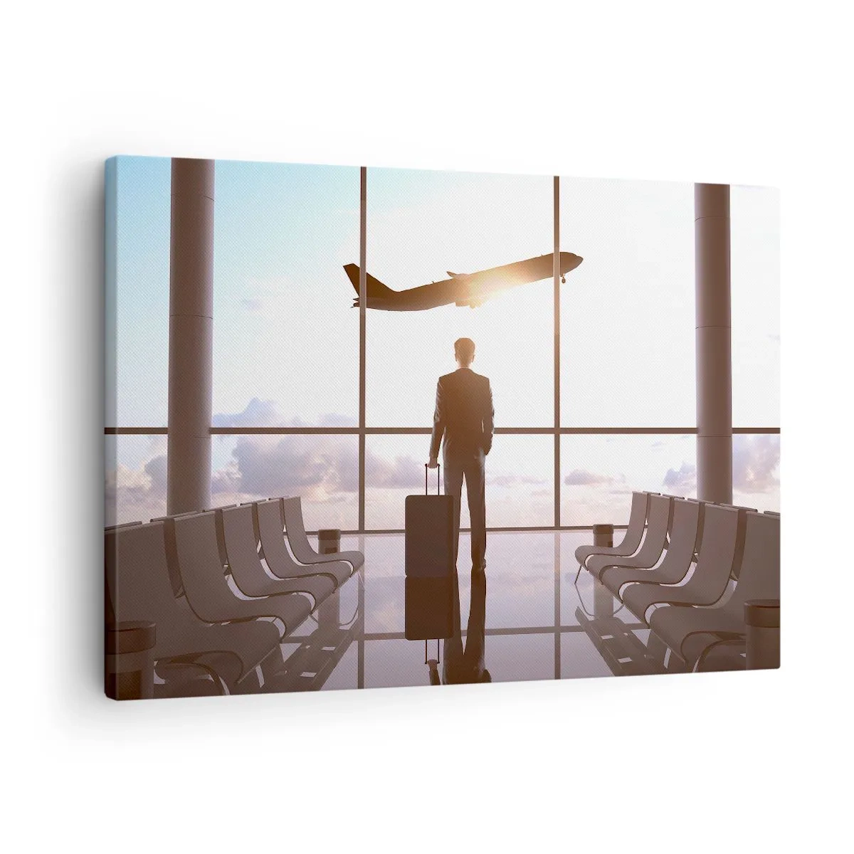 Tablou pe pânză Canvas - Om de afaceri la aeroport cu un avion în fundal - 70x50cm - Ai timp, încetinește - Decorațiune modernă pentru perete pentru living și dormitor ARTTOR