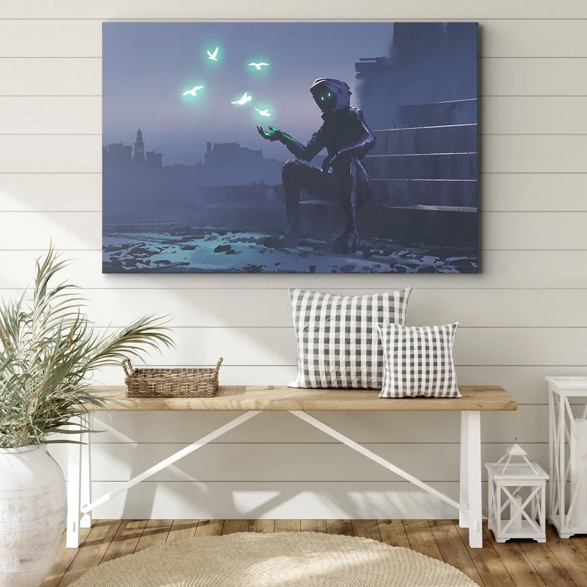 Tablou pe pânză Canvas - O figură cu glugă și păsări magice în fundalul unui oraș - 70x50cm - Viața se va întoarce - Decorațiune modernă pentru perete pentru living și dormitor ARTTOR