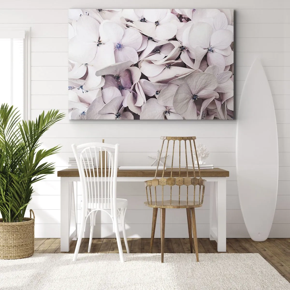 Tablou pe pânză Canvas - Hortensii albe delicate în nuanțe pastelate - 70x50cm - Într-un potop de flori - Decorațiune modernă pentru perete pentru living și dormitor ARTTOR