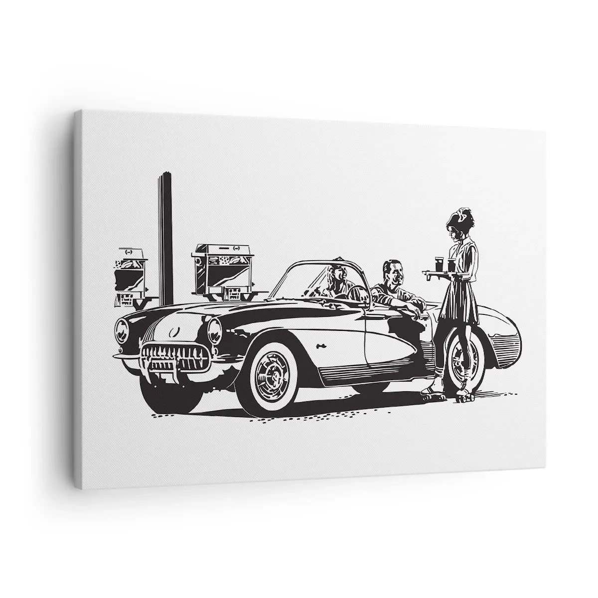 Tablou pe pânză Canvas - O scenă retro alb-negru cu o mașină și o chelneriță pe role. - 70x50cm - 60. - America fără griji - Decorațiune modernă pentru perete pentru living și dormitor ARTTOR