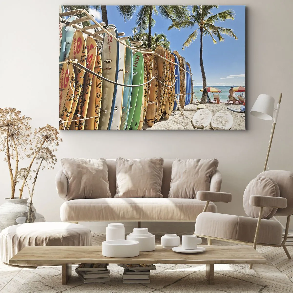 Tablou pe pânză Canvas - Placi de surf pe o plajă cu palmieri - 70x50cm - Distracție însorită - Decorațiune modernă pentru perete pentru living și dormitor ARTTOR