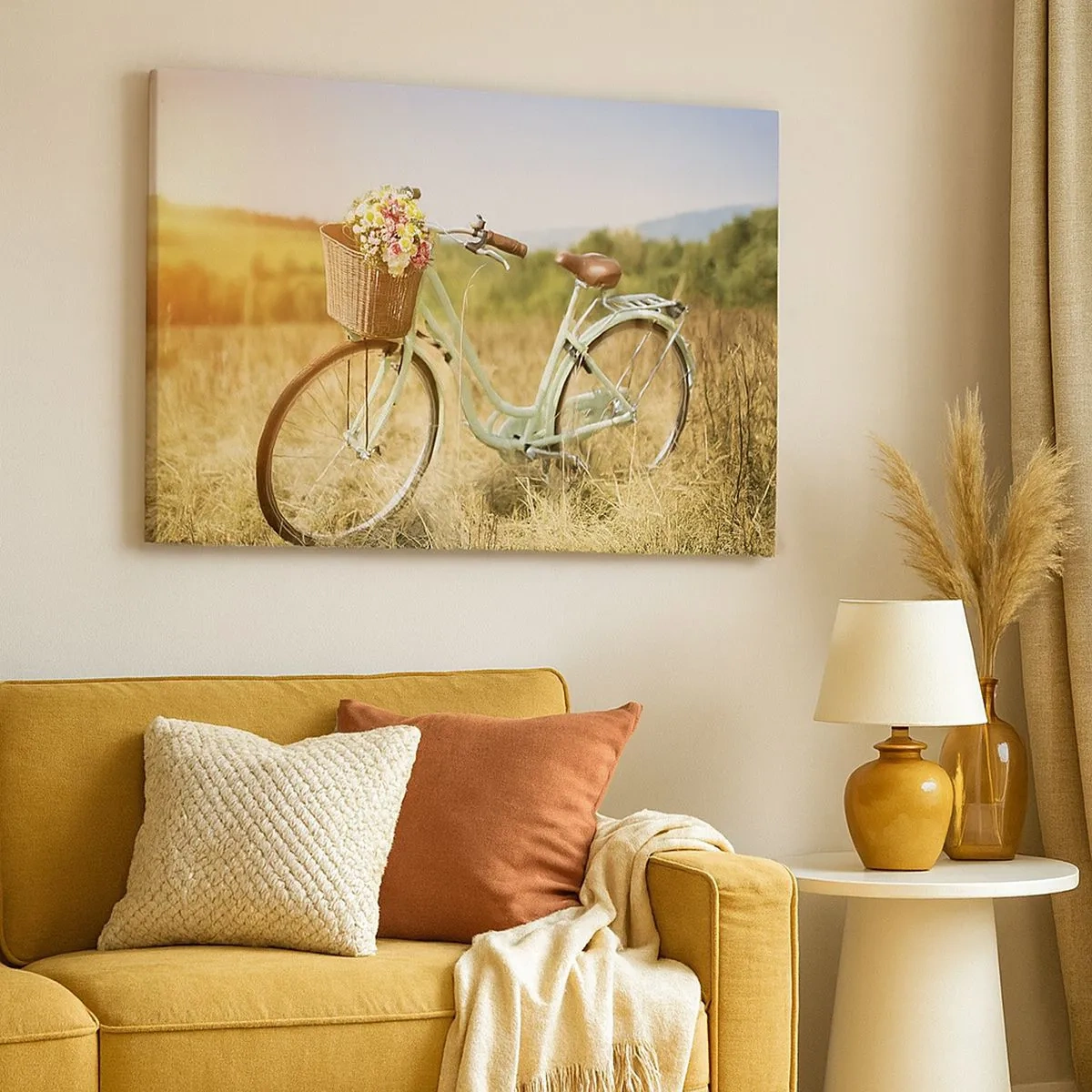 Tablou pe pânză Canvas - O bicicletă retro cu un coș plin de flori pe fundalul unei pajiști. - 70x50cm - Mă odihnesc aici un pic - Decorațiune modernă pentru perete pentru living și dormitor ARTTOR