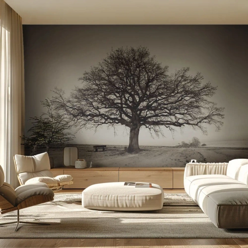 Tapet Standard Eco - Un copac singuratic într-un peisaj de iarnă sepiană - 100x70cm - De aici până în veșnicie - Decorațiune modernă pentru perete pentru living și dormitor ARTTOR