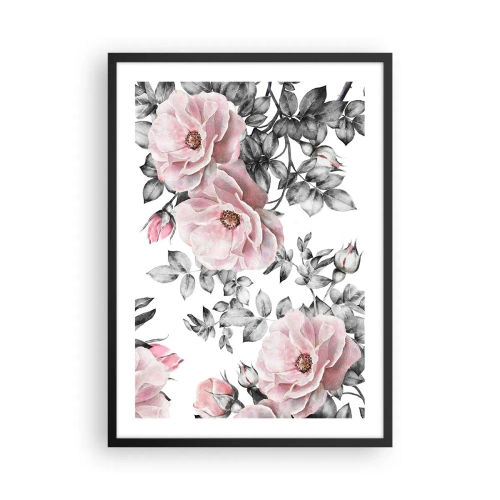 Poster în ramă neagră - Trandafiri roz pe un fundal de frunze alb-negru - 50x70cm - Pierde-te în florile de trandafir - Decorațiune modernă pentru perete pentru living și dormitor ARTTOR