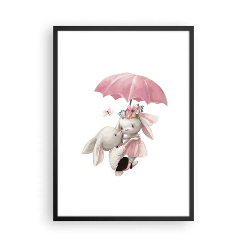 Poster în ramă neagră - Iepurași drăguți sub o umbrelă roz - 50x70cm - Pur și simplu dragoste - Decorațiune modernă pentru perete pentru living și dormitor ARTTOR
