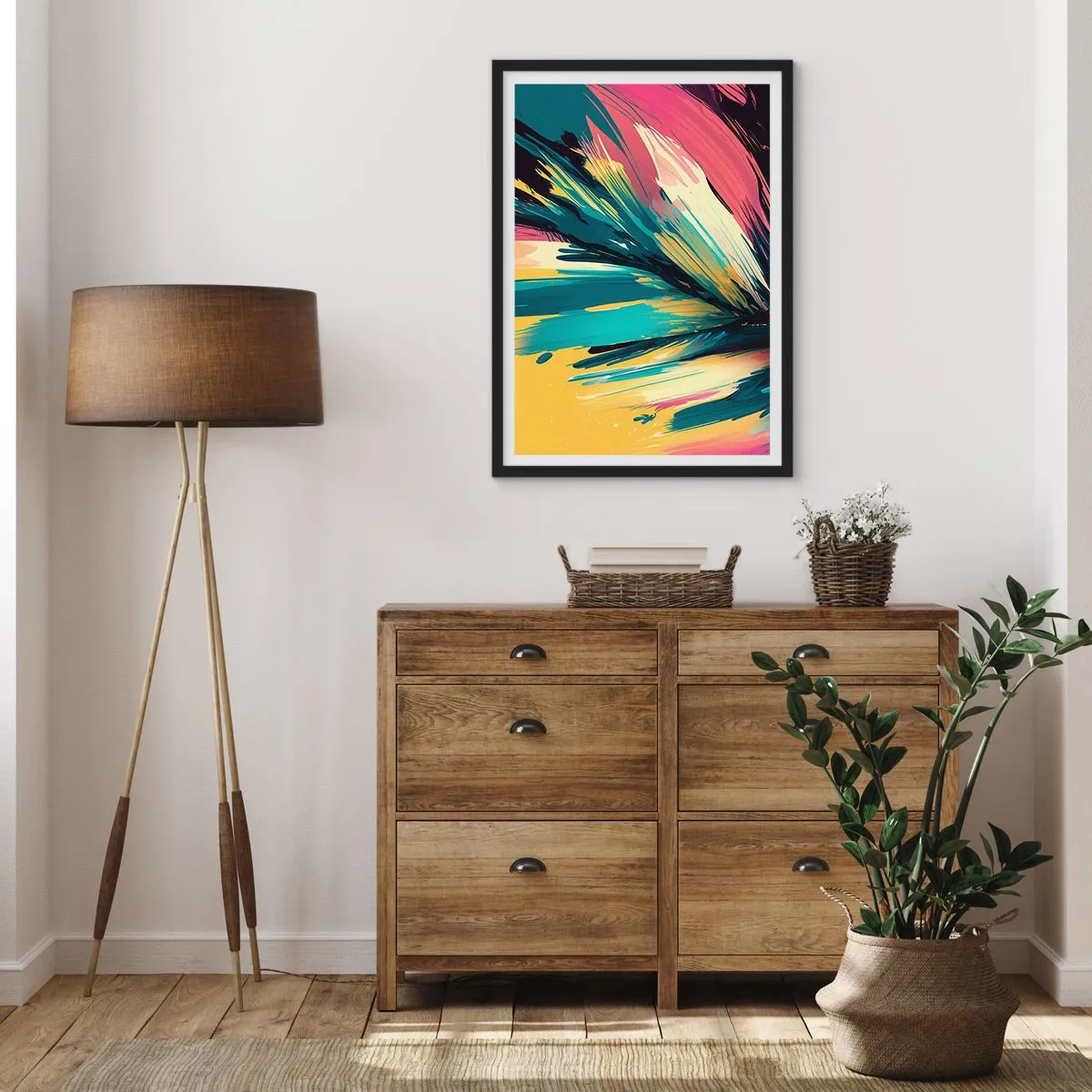 Poster în ramă neagră - O explozie abstractă de culori într-un aranjament dinamic - 50x70cm - Compoziția - o explozie de bucurie - Decorațiune modernă pentru perete pentru living și dormitor ARTTOR