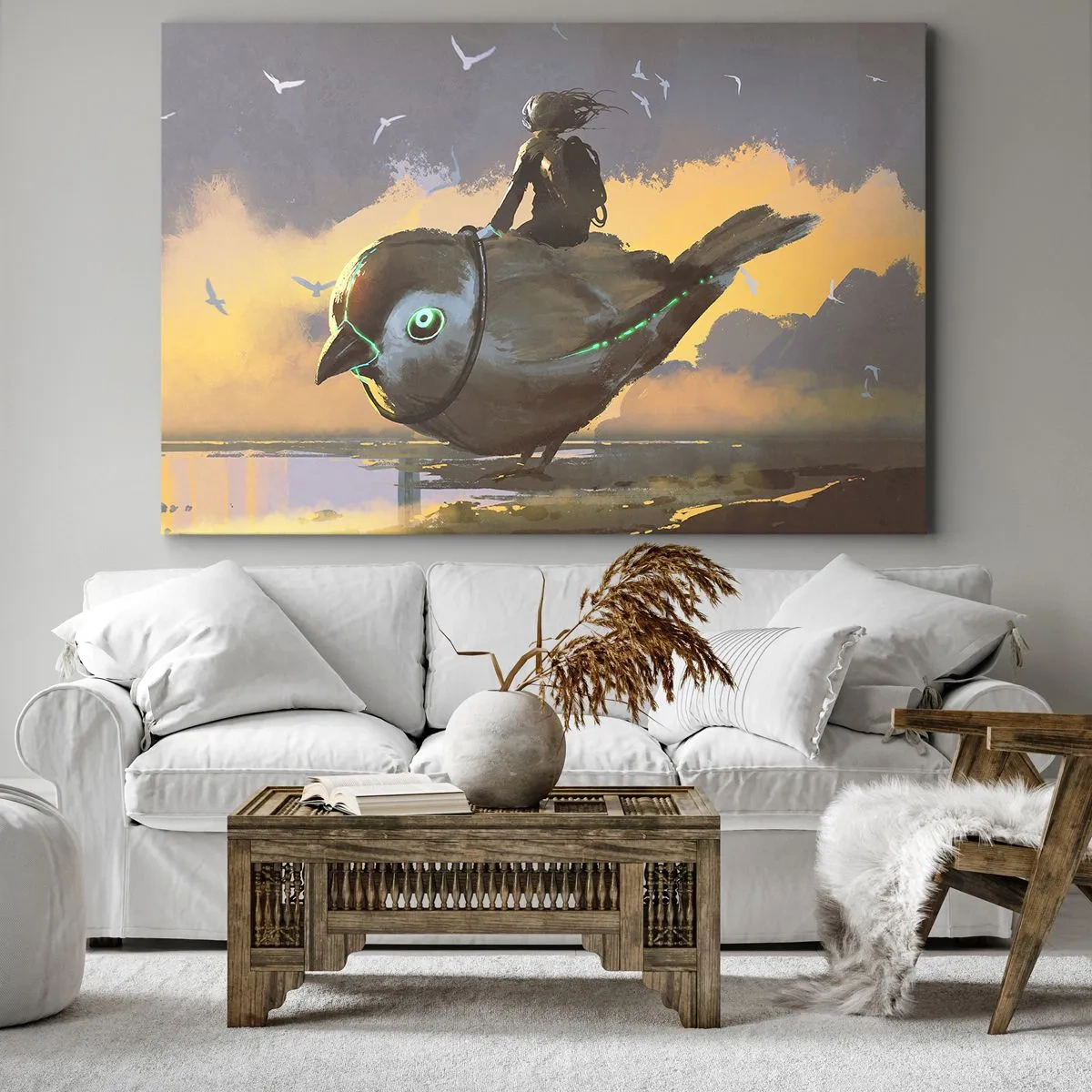 Tablou pe pânză Canvas - Călăreț pe o pasăre uriașă într-un peisaj suprarealist - 70x50cm - O oprire într-o călătorie fantastică - Decorațiune modernă pentru perete pentru living și dormitor ARTTOR