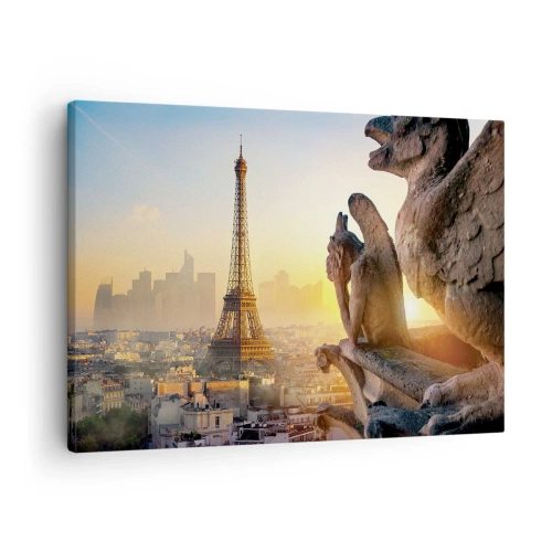 Tablou pe pânză Canvas - Vedere a Turnului Eiffel cu garguie în fundal - 70x50cm - S-au schimbat multe... - Decorațiune modernă pentru perete pentru living și dormitor ARTTOR