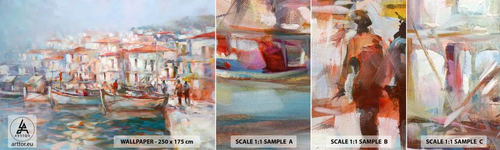 Mostră tapet autocolant Deluxe Sticker - Vacanță pastelată - Oras port, Arhitectură, Barca de pescuit - 100x30 cm