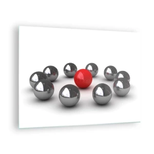Tablou pe sticlă - O minge roșie înconjurată de argint pe un fundal alb - 70x50cm - Cerc în argintiu și roșu - Decorațiune modernă pentru perete pentru living și dormitor ARTTOR