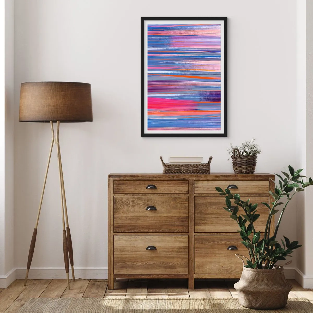 Poster în ramă neagră - Linii orizontale abstracte în nuanțe de albastru și roz - 50x70cm - Să intrăm în curcubeu - Decorațiune modernă pentru perete pentru living și dormitor ARTTOR