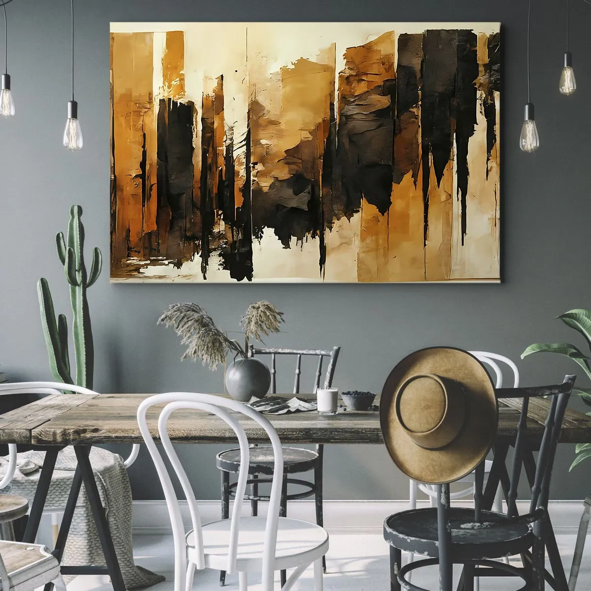 Tablou pe pânză Canvas - Dungi abstracte aurii și negre într-o compoziție artistică - 70x50cm - Armonie de negru și auriu - Decorațiune modernă pentru perete pentru living și dormitor ARTTOR