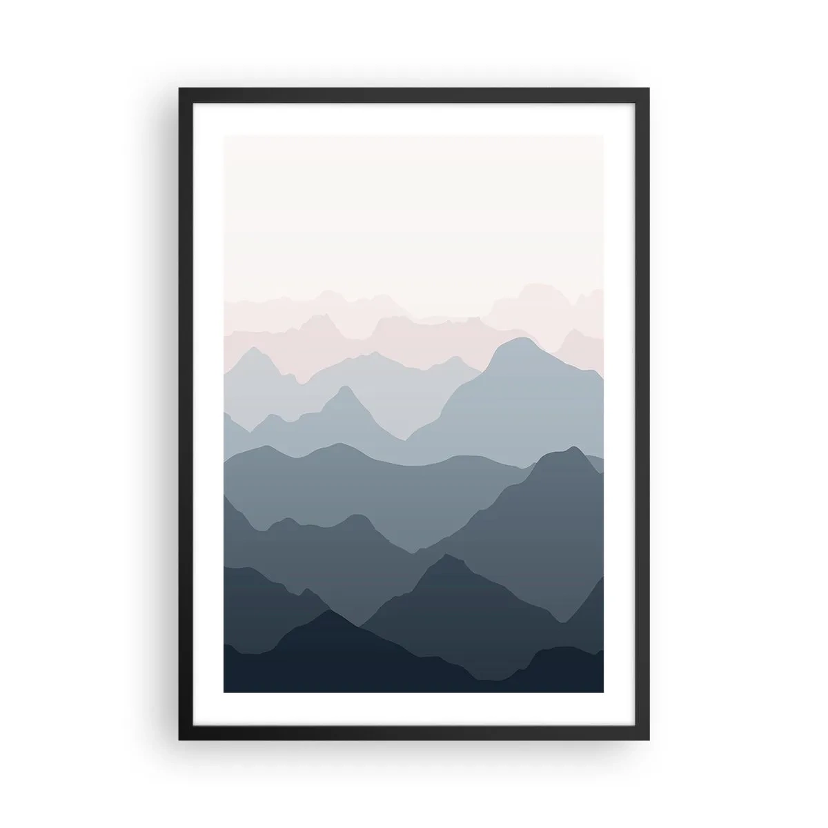 Poster în ramă neagră - Lanțuri muntoase stratificate în nuanțe de albastru și gri - 50x70cm - Valuri de munți - Decorațiune modernă pentru perete pentru living și dormitor ARTTOR
