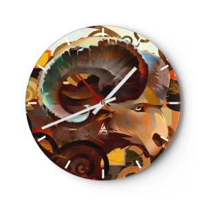 Ceas de perete - Ceas pe sticlă - Cap de berbec stilizat cu un model dinamic și culori intense - 30x30cm - Magii - religii - ritualuri - Decorațiune modernă pentru perete pentru living, bucătărie și dormitor ARTTOR
