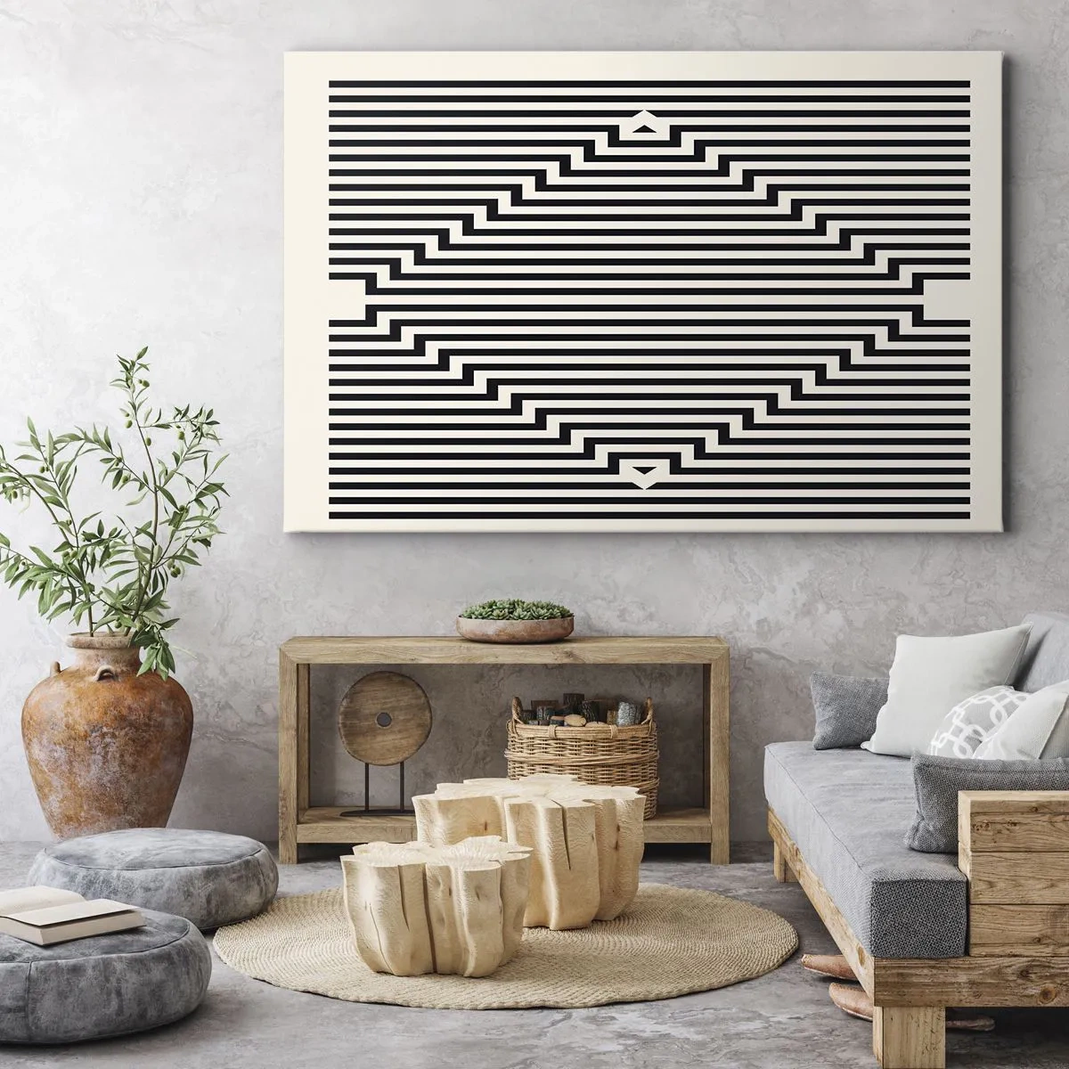 Tablou pe pânză Canvas - Linii albe și negre care creează un efect de iluzie geometrică - 70x50cm - Iluzie geometrică - Decorațiune modernă pentru perete pentru living și dormitor ARTTOR