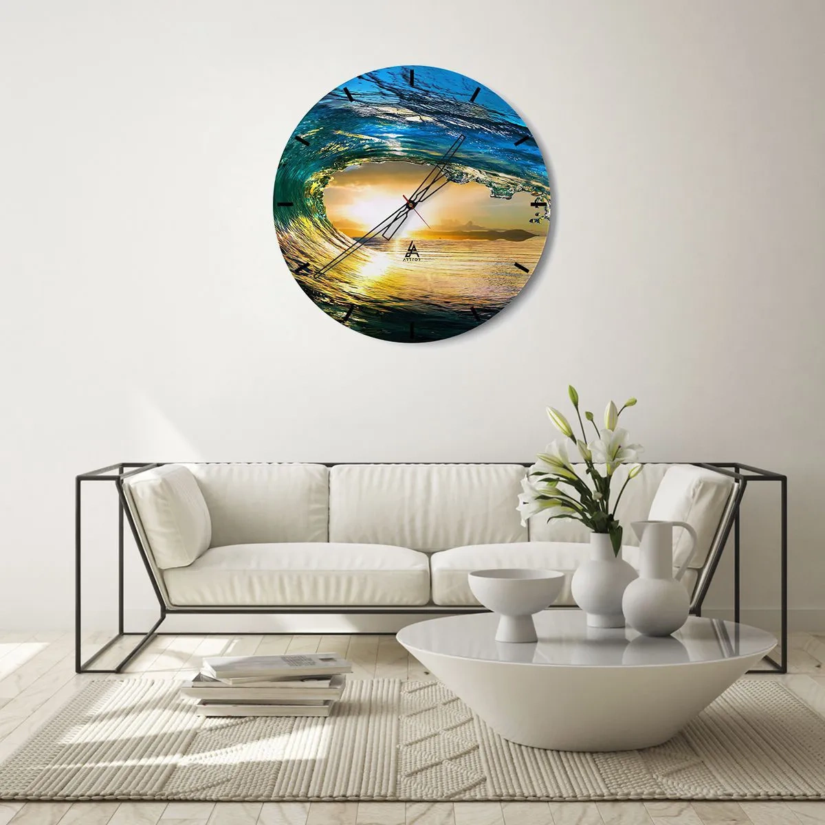 Ceas de perete - Ceas pe sticlă - Valul mării în lumina soarelui care apune - 30x30cm - În cristal de aur și smarald - Decorațiune modernă pentru perete pentru living, bucătărie și dormitor ARTTOR