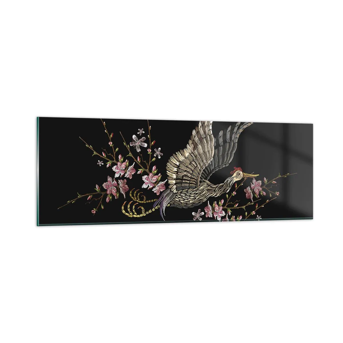 Tablou pe sticlă - Pasăre exotică brodată - 90x30 cm