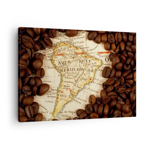 Tablou pe pânză Canvas - O hartă a Americii de Sud înconjurată de boabe de cafea. - 70x50cm - De unde provine cea mai bună cafea? - Decorațiune modernă pentru perete pentru living și dormitor ARTTOR