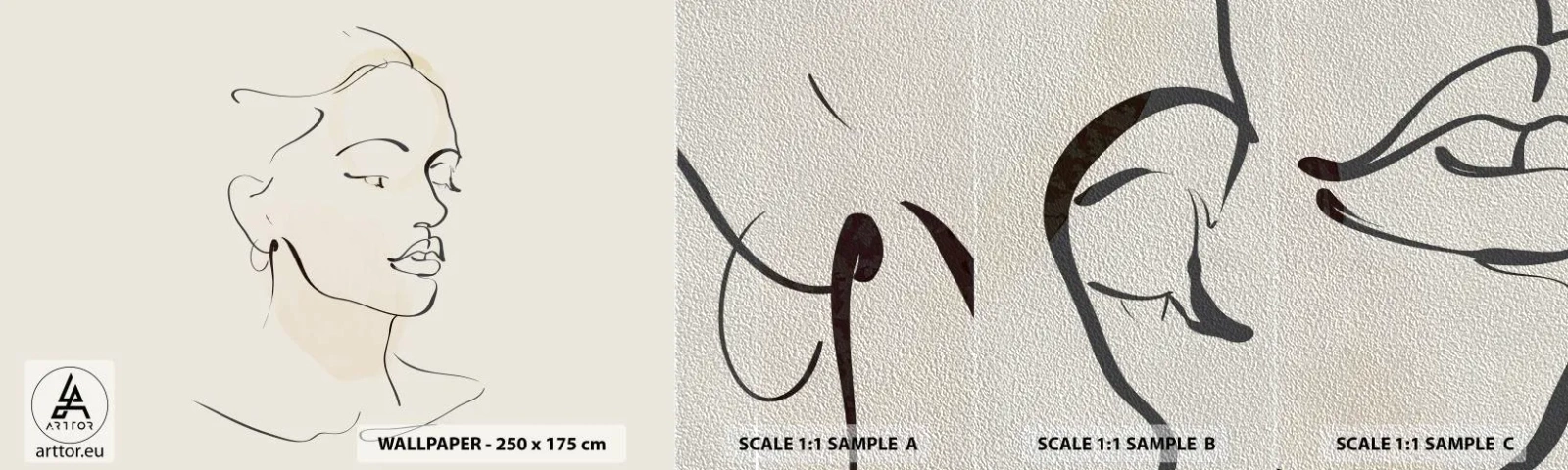 Mostră tapet Premium Sand - Cu o linie sigură - Abstracția, Chipul de femeie, Linie de arta - 100x30 cm