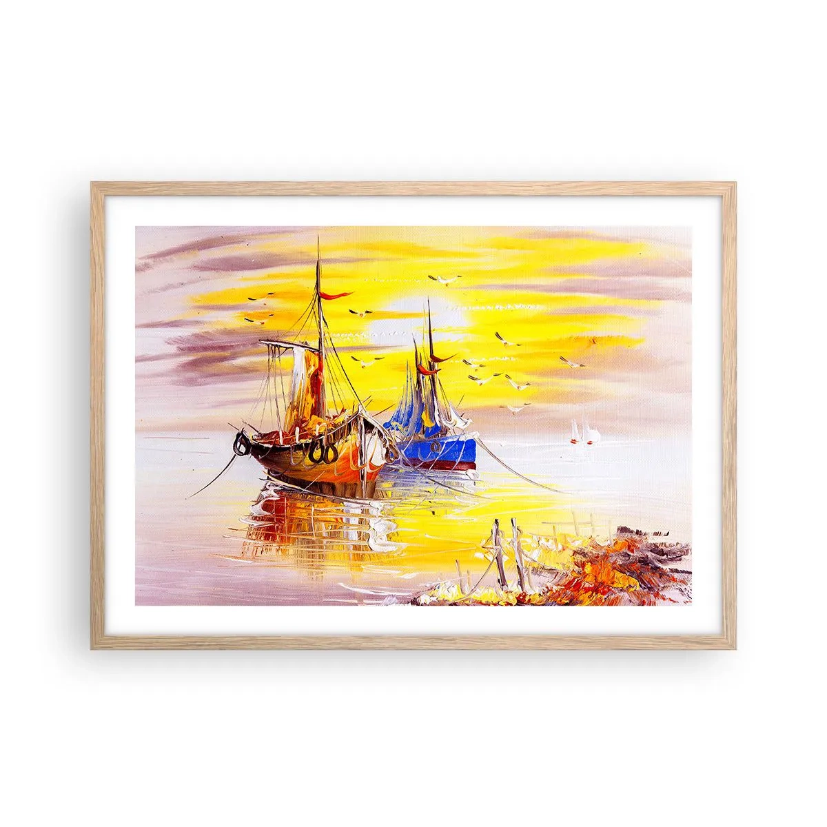 Poster în ramă de stejar deschis - O binemeritată odihnă în port - 70x50 cm