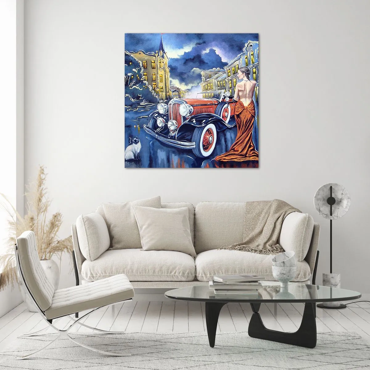 Tablou pe sticlă - Nocturne în albastru și coral - 40x40 cm