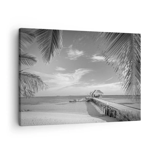 Tablou pe pânză Canvas - Plajă alb-negru cu dig și palmieri pe o coastă tropicală - 70x50cm - O amintire sau un vis? - Decorațiune modernă pentru perete pentru living și dormitor ARTTOR