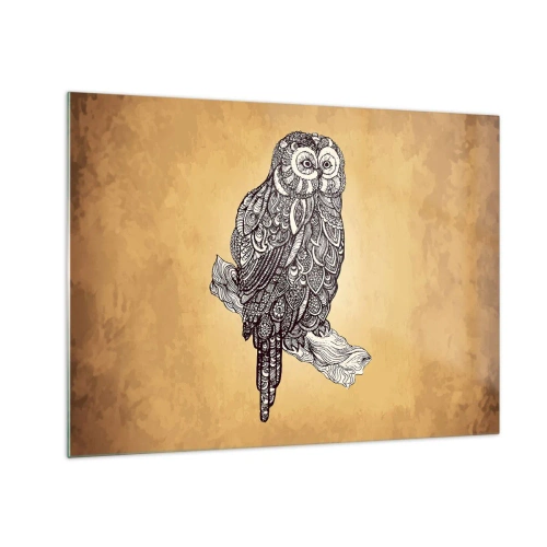 Tablou pe sticlă - Bufniță în stil ornamental pe fundal sepia - 70x50cm - Ornamente complicate de înțelepciune - Decorațiune modernă pentru perete pentru living și dormitor ARTTOR
